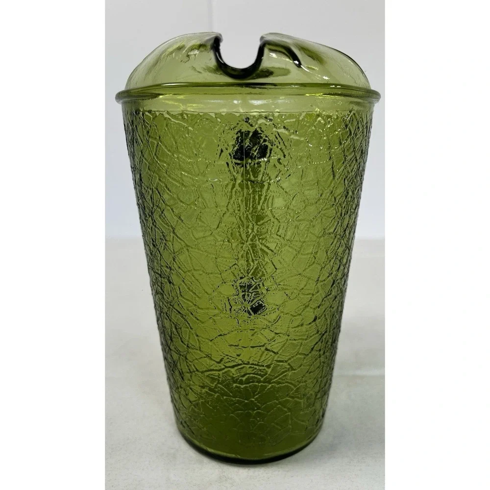 Vintage Anchor Hocking Avocado Green Crackle Glass Ice Lip Pour Pitcher 36 Oz.